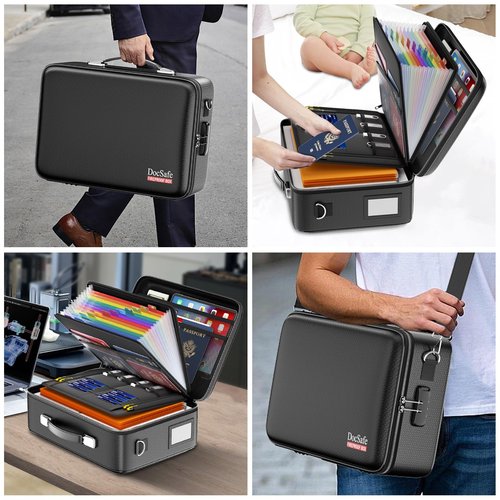DocSafe Fireproof Document Box with Lock, Hard Case File Organizer with Accordion File Folder, Fireproof Water Resistant Safe Box Home Office Travel Storage for Important Documents Laptop Black