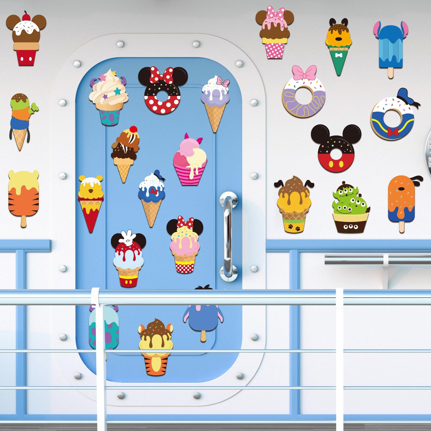 BOpusail 24Pcs Summer Ice Cream Mouse Cruise Door Magnets Cute Style Ice Cream Cruises Entrance Decals Decor Refrigerator Garage Magnet Waterproof Magnetic Sticker for Holiday Carnival Ships Cabin