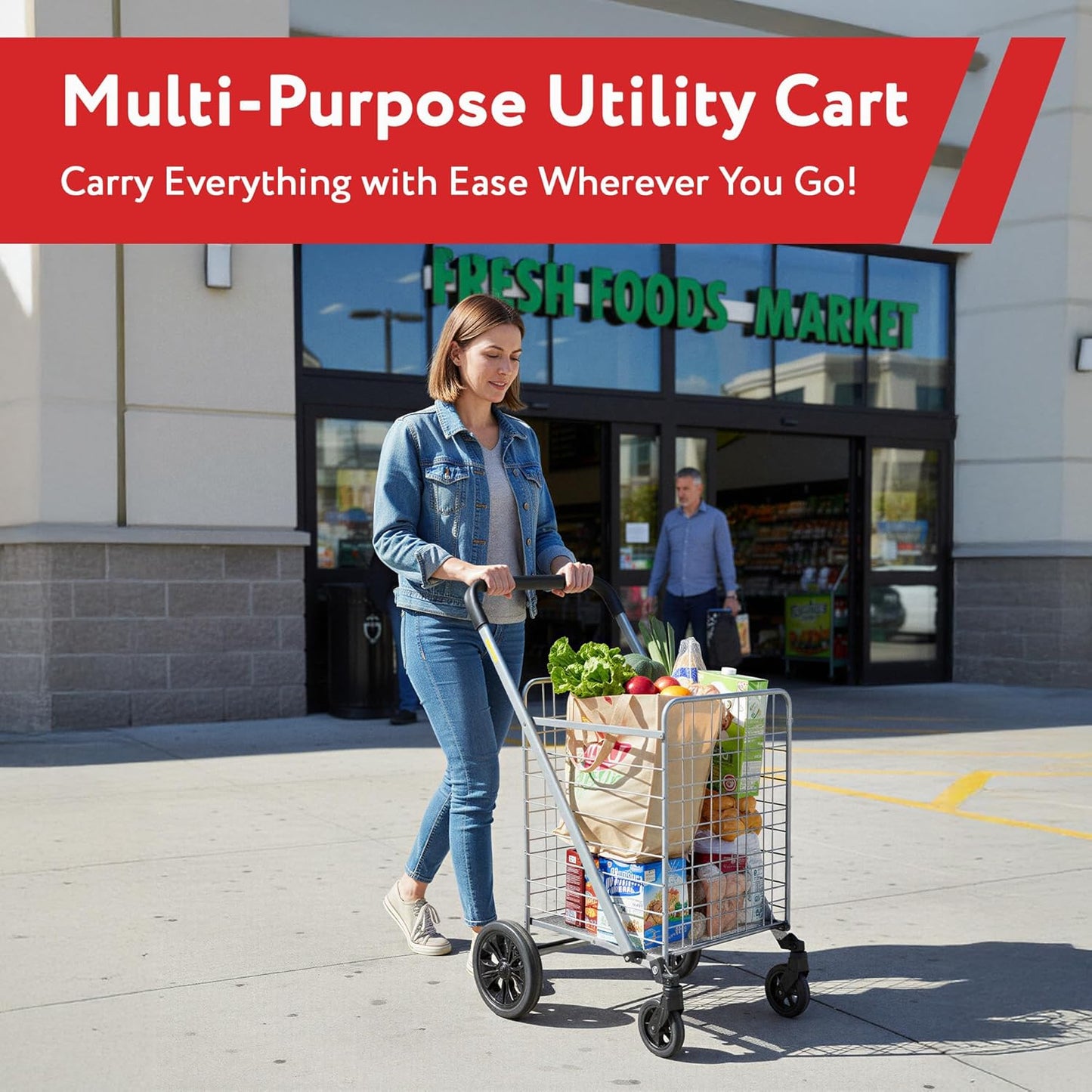 **dbest Products Cruiser Cart Deluxe - Heavy-Duty Foldable Shopping Cart with Wheels & Brake - 100 lbs Capacity, Silver Alloy Steel**
