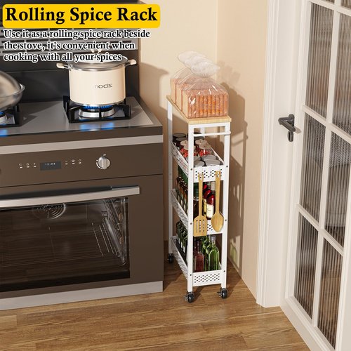 OKZEST Utility Slim Storage Cart, 4 Tier Small Rolling Kitchen Laundry Room Cart with Wood Top, Metal Narrow Bathroom Storage Cabinet Mobile Shelf Unit Organizer Trolley with Handle for Narrow Space