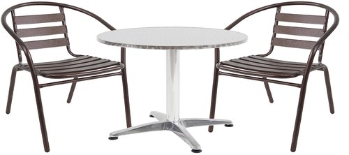 BTEXPERT Indoor Outdoor 23.75" Restaurant Stainless Steel Aluminum Metal Slat Stack Commercial Lightweight, 2 Chairs with a Round Table, Silver/Bronze