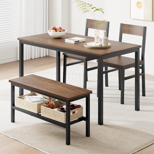 GarveeHome Dining Table Set for 4 with Bench, Kitchen Table Set with Bench, Dining Room Table Set with Storage Racks, Table and Chairs Set for Small Apartment, Kitchen, Dinette Table Set, Brown