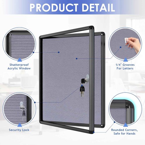 SWANCROWN Enclosed Bulletin Board with Locking Door 20x14 in, Lockable Felt Letter Board Sign Tamperproof Message Board for Office School Home, Black Aluminum Frame, Grey