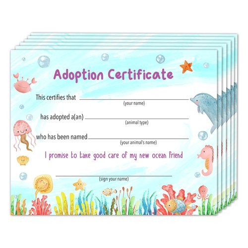 Pet Adoption Certificate, Adopt A Pet Party Favors for Boys Girls Pet Lover, Ocean Animal Birthday Party Decorations Supplies, 10 Pack Pet Certificate of Adoption, 20