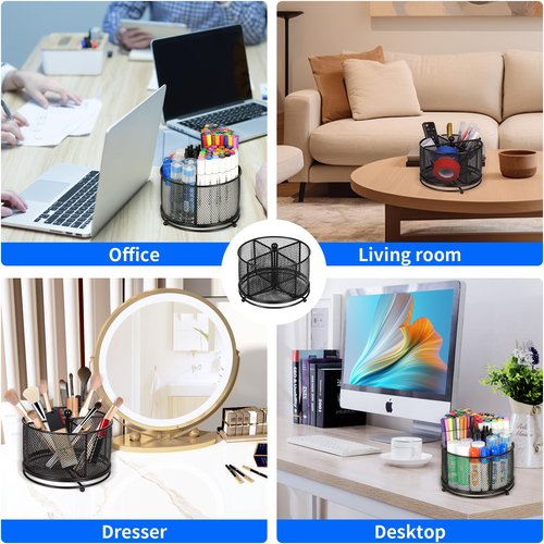 PNEUICALLY Pen Holder for Desk,360° Rotating Mesh Desk Organizer with Large Capacity 4 Compartments,Multi Functional Desk Accessories and Makeup Brush Holder for Office School Home (Black)