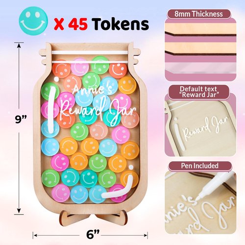 9" DIY Name 45 Tokens Smiley Face Magnetic Reward Jar Gifts for Classroom Teacher Kids Potty Training Chore Chart Toddler Good Behavior Management Tools Back to School RWJ-03-SMILEY-M