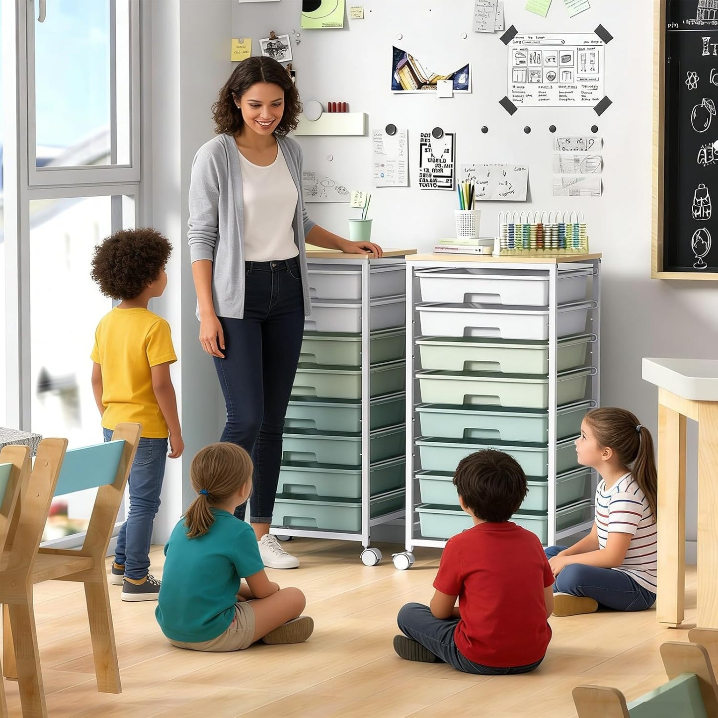 Skiennix Rolling Storage Utility Cart - 8 Drawer Organizer with Wooden Tabletop | Green for Home & Office