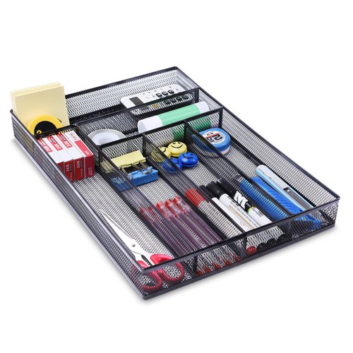WuGeShop Desk Drawer Organizer with 6 Compartments, Mesh Drawer Organizer Tray for Stationery, Office Supplies Desktop Storage, Black