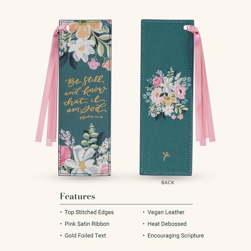 Christian Art Gifts Premium Vegan Leather Bookmark - Inspirational "Be Still & Know" Verse, Teal Floral Design