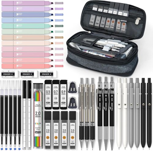 Four Candies School Supplies Set - 45 PCS with Pen Case, 12 Pastel Highlighters & 6 Gel Pens (Black)