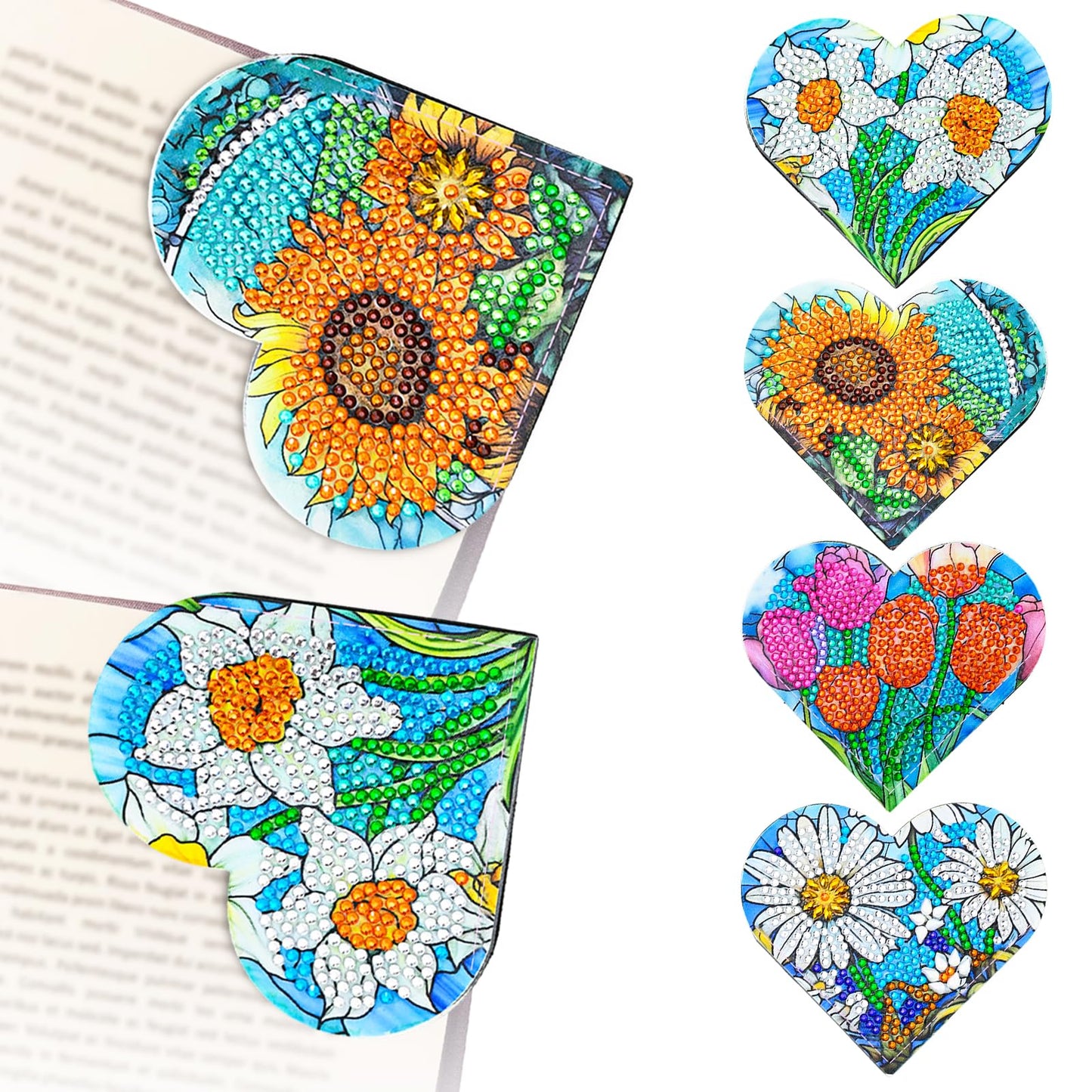 LINGFANG 4 Pcs Diamond Painting Bookmark, DIY Corner Book Makers for Adults Book Lovers, Diamond Dot Art Beginners, Small Diamond Art Kits, Paint by Art Crafts Gift for Women Girls (Heart Flower)