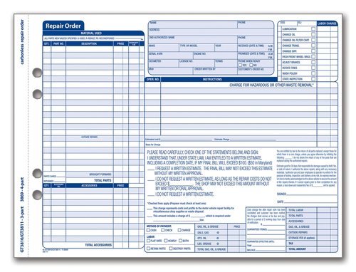 Adams Garage Repair Order Forms, 8.5 x 11.44 Inches, 3 Part, 50 Sets, White and Canary, (GT3810)