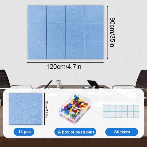 ZITUZY 12 Pieces Corkboards for Wall, 18 * 18 in Bulletin Board Decorations with Safe Removable Adhesive Tabs, Cork Wall Tiles Cork Board, for School, Home, Kitchen, Office (Blue)