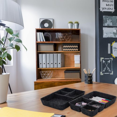 Welaxy 2-piece Junk Drawer Organizer bin 4 Compartments Office home dorm 2 dividers Felt Trays Drawers Multi-Purpose Storage Back to School (Charcoal x 2)