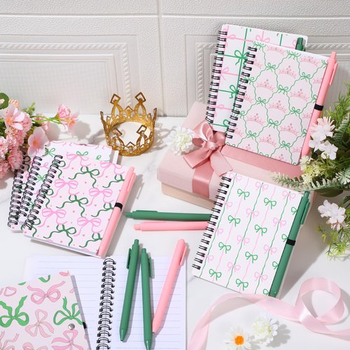 Resurhang 24 Pcs Princess and Witch Notebook Pen Pink and Green Party Favors Pink and Green Bow Ballpoint Pen Magical Crown 3.9 x 5.5 in Notebook Birthday Party Supplies Gift for Friend Office School