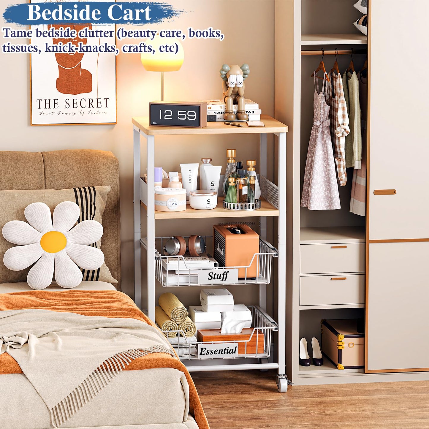 OKZEST 4 Tier Rolling Cart with Drawer Baskets, Metal Utility Storage Cart with Wheels and Wood Top for Living Room, Kitchen, Home Office, Bedroom, Pantry, Baby Essential, Craft, Snack, Makeup, White