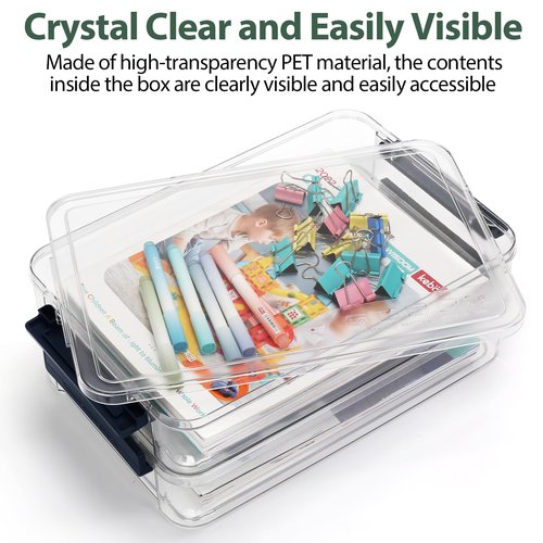 AZFUNN 5.5qt 9 x 13 Plastic Portable Project Case with Lids – Clear Stackable Craft Organizer Box Storage Bins for A4 Paper, Documents, Scrapbook, Art Supplies, Photo