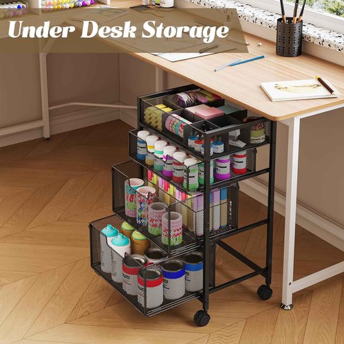 4-Tier Rolling Utility Cart with 3 Drawers, Craft Organizer and Storage with DIY Divider, Art-Craft Supplies with Caster Wheels, Multi-Functional Storage for Classroom, Office, Paints, Artifacts