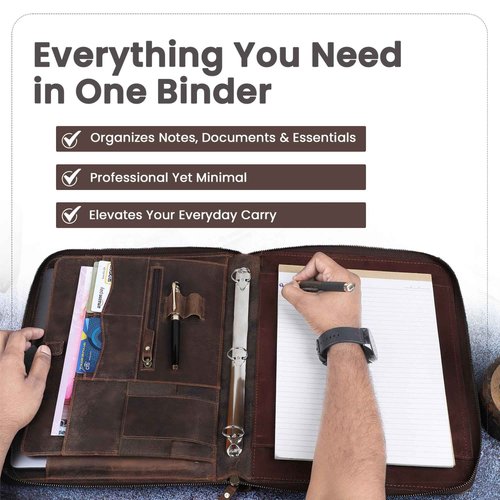 Premium Leather Portfolio Organizer with Zipper - Brown Business Padfolio with Card Slot, Document Holder, Pen Loops | Leather Padfolio with 3 Rings Binder Legal Pad Holder Podfolio for Men & Women