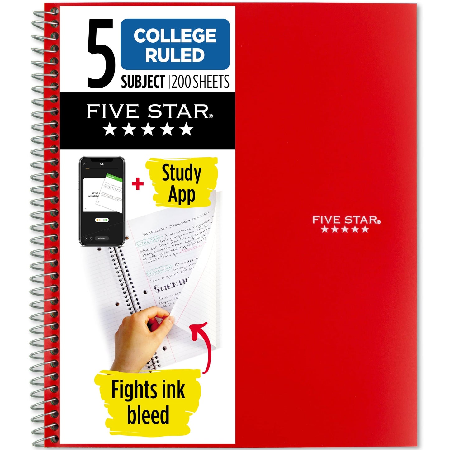 Five Star Spiral Notebook + Study App, 5 Subject, College Ruled Paper, 8-1/2" x 11", 200 Sheets, Fights Ink Bleed, Water Resistant Cover, Fire Red (72077), (Pack of 6)