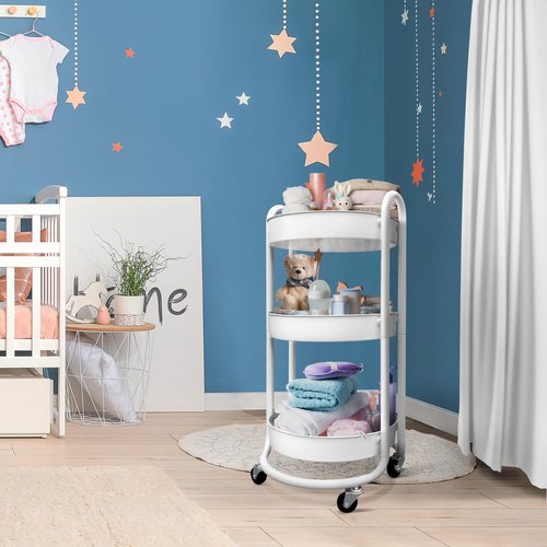 HOMESTEAD Round Rolling Side Table Cart, 3 Tier Metal Utility, 60 lb Heavy Duty, 15″ Diameter, Lockable 360° Casters, Powder-Coat Storage for Kitchen, Bedroom, Office, Bath 15.7" x 14.9" x 31.5" White