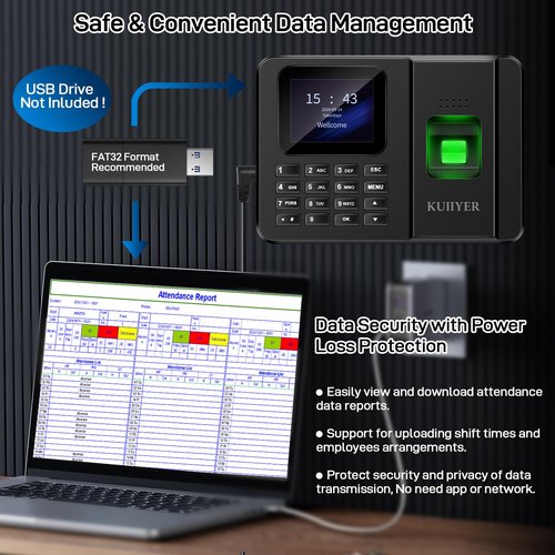 KUIIYER 2 in 1 Time Clocks for Employees Small Business (Fingerprint + Password) Employee Clock in & Out Machine Attendance Punch Clock Recorder Tracker for Small Businesses & Offices