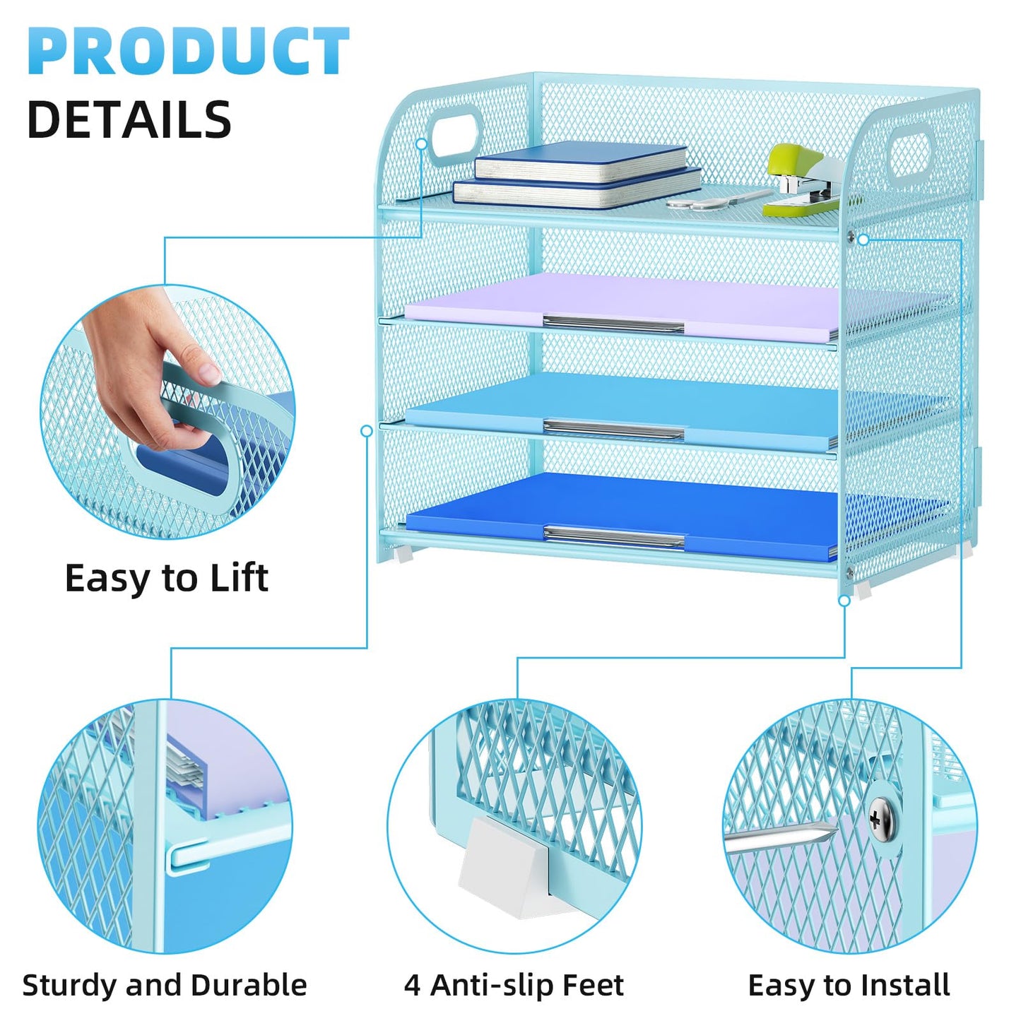 Marbrasse 4 Tier Paper Organizer Letter Tray - Mesh Desk File Organizer with Handle, Paper Sorter Organizer for Letter Office File Folder Holder (Blue, 12.6" x 9.1" x 10.7")