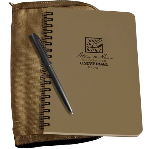 Rite in the Rain Weatherproof Side Spiral Kit: Tan CORDURA® Fabric Cover, 4.625" x 7" Tan Notebook, and Weatherproof Pen (No. 973T-KIT)