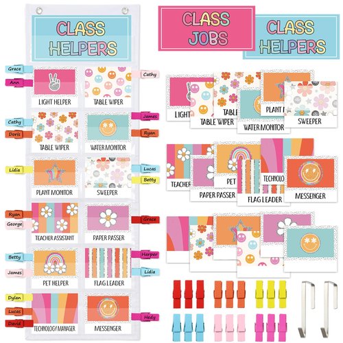 FYSUIMU Groovy Class Job Pocket Chart with Card Hook Clip Boho Back to School Classroom Helper Educational Teacher's Management for Preschool Bulletin Board Decor Supplies