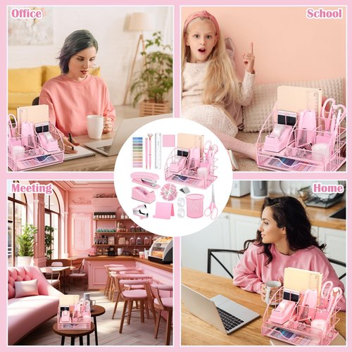 16 Pcs Pink Desk Organizers and Accessories, Pink Office Supplies for Desk Women with Stapler and Tape Dispenser Pen Holder Staples Staple Remover Ruler Scissors Tab Tape Pen Clips