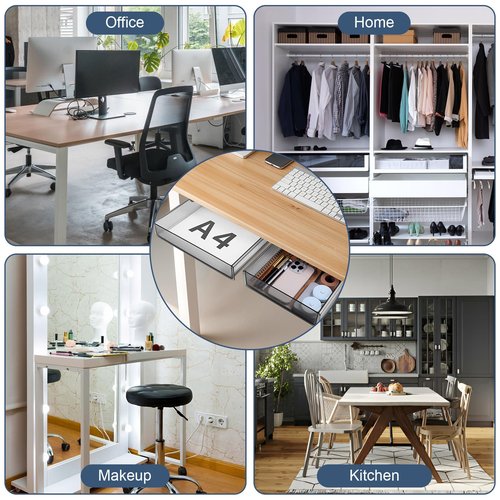 2 Pack Hidden Attachable Drawer Under Desk, Slide Out Small Under Desk Drawer, Self-Adhesive Desks Storage Tray Drawers, for Office, Home, Kitchen, Dressing Table (2 Sizes, Black)