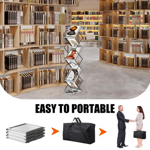 Aluminum Folding Magazine Rack with 6 Pockets, Floor-Standing Exhibition Display Stand, Perfect for showcasing brochures, magazines, and flyers in trade shows, offices, libraries, and reception areas