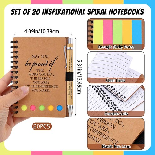 60 Pcs Employee Appreciation Gifts Inspirational Spiral Notebooks with Sticky Notes Notepads Encouragement Bamboo Pens Bulk Wooden Motivational Keychains for Coworkers Teacher