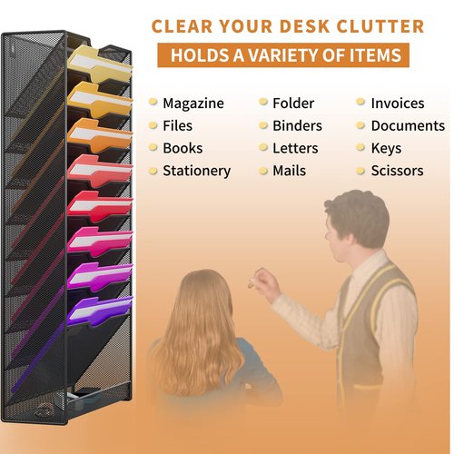 10-Tier Hanging Wall File Organizer Wall Mounted File Holder Document Wall Organizer for Office Organization and School Storage (No Assembly Required) (10 Tier Black)