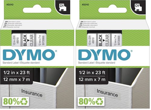 DYMO Standard D1 45010 Labeling Tape (Black Print on Clear Tape, 1/2'' W x 23' L, 1 Cartridge), DYMO Authentic (Pack of 2)