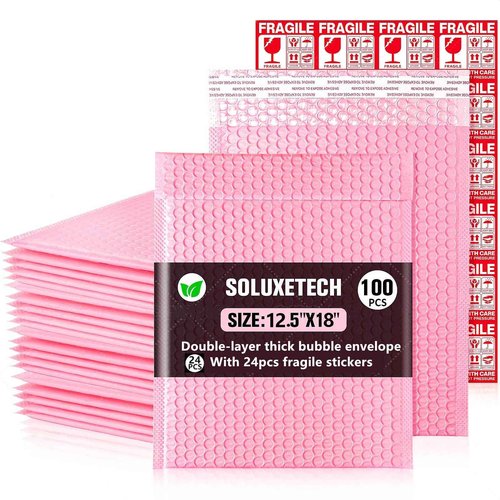 Large Bubble Mailers 12x18'' 100 Pack and 24PCS Fragile Stickers Pink Thick Waterproof Padded Poly Envelopes Bubble Wrap Mailers Self Seal Shipping Bag for Small Business Shipping Envelope Mailers #5
