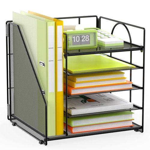 VETUZA 5 Tier Desk Organizer with Vertical File Holder, Desktop File Organizer for Office Home School, Black