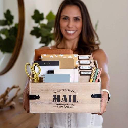 25DOL Mail Organizer XXL Desktop Mail Holder - Wooden Desk Organizer, File Holder and Mail Sorter - 7 x 10.8 Inch Letter Sorter - Rustic Desk Organizers and Accessories, File Folder