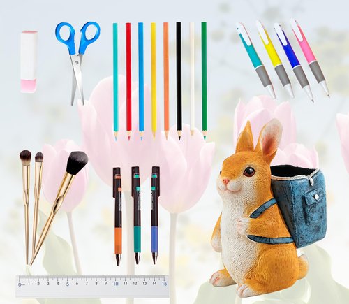 Photour Resin Rabbit Pen Holder, Pencil Holder for Desk, Unique Bunny Decor for Home Office Desk Accessories Funny Rabbit Gifts for Women, Moms or Kids