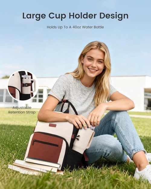 LOVEVOOK Laptop Backpack - Stylish Waterproof Work Bag with Large Cup Holder | Beige-Brown, 15.6 Inch