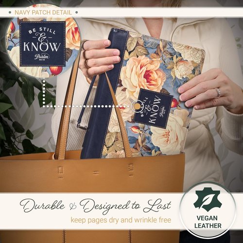 Christian Art Gifts Vegan Leather Bible Cover - Inspirational "Be Still & Know" Design, Large, Creamy White & Blue Floral