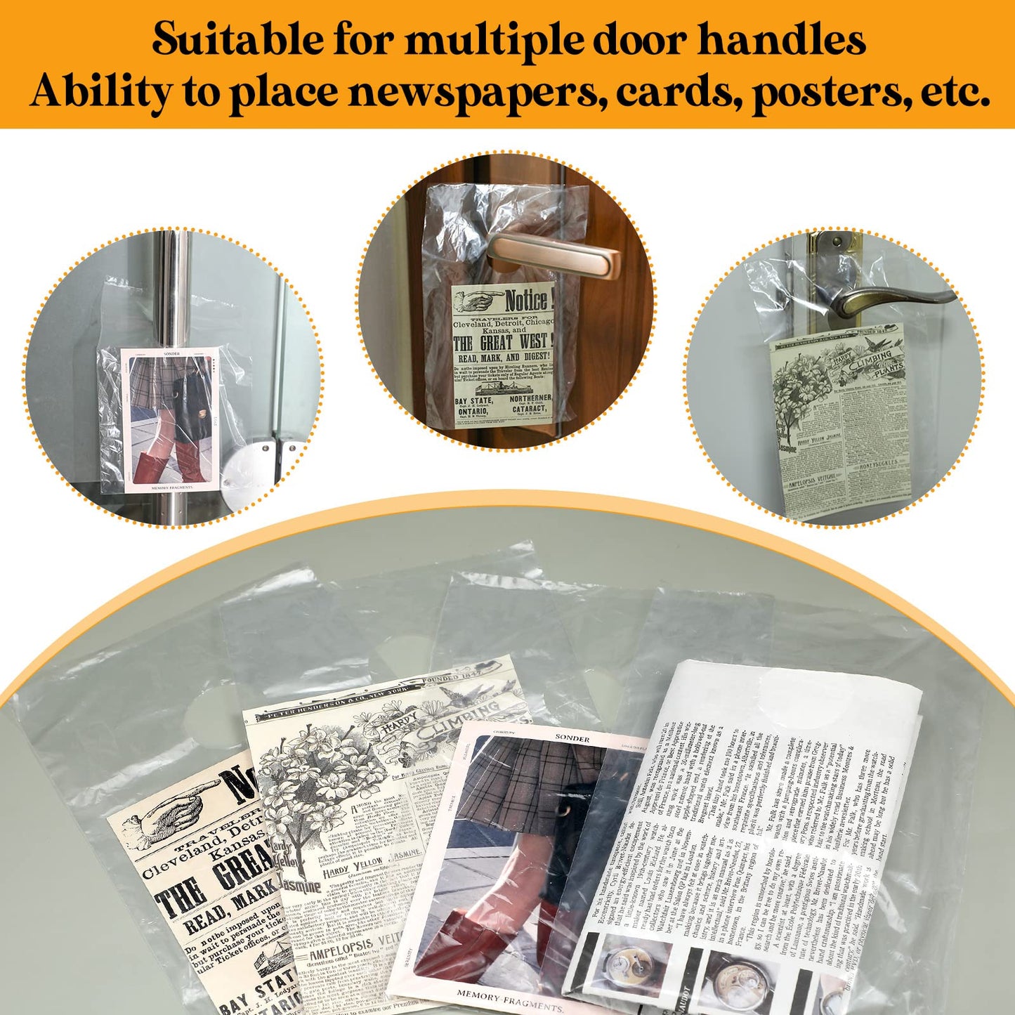 Henoyso 1000 Pcs Door Hanger Bags Plastic Clear Door Knob Hanger Bags Waterproof Poly Newspaper Packets Bulk Flyers Brochures Notices Printed Materials (6 x 12 Inch)