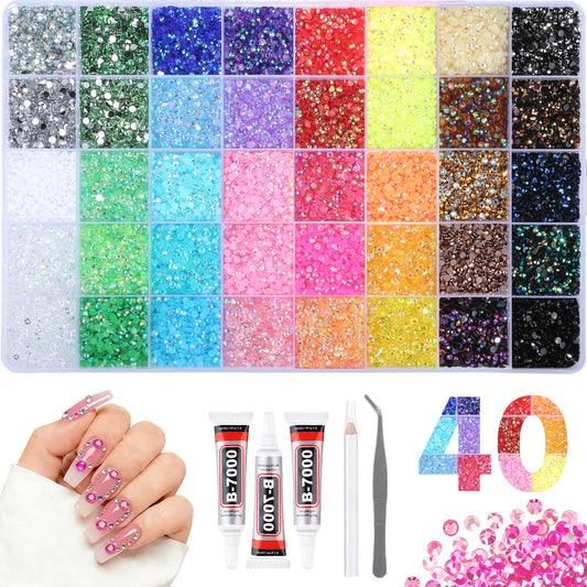 4mm Resin Rhinestones 40000Pcs, Bedazzling Kit with B7000 Glue, Tweezers & Pickup Pen, 40 Colors for Nail Art, DIY Crafts, Clothes, Shoes, Art Painting & Decorations (40 Colors 4mm + 3 Glue)