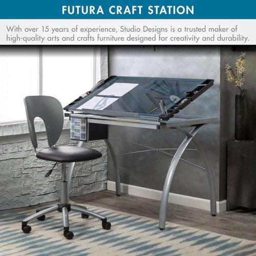 SD STUDIO DESIGNS Futura Crafting, Drafting, Drawing Table with Adjustable Top, Silver/Blue Glass