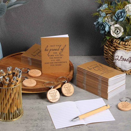Kosiz 240 Pcs 80 Sets Christmas Employee Appreciation Gifts Bulk Inspirational Pocket Notebooks Journals Bamboo Ballpoint Pens Keychains Thank You Appreciation Gifts Bulk for Team Staff Coworkers