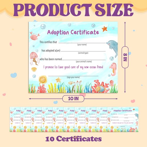 Pet Adoption Certificate, Adopt A Pet Party Favors for Boys Girls Pet Lover, Ocean Animal Birthday Party Decorations Supplies, 10 Pack Pet Certificate of Adoption, 20
