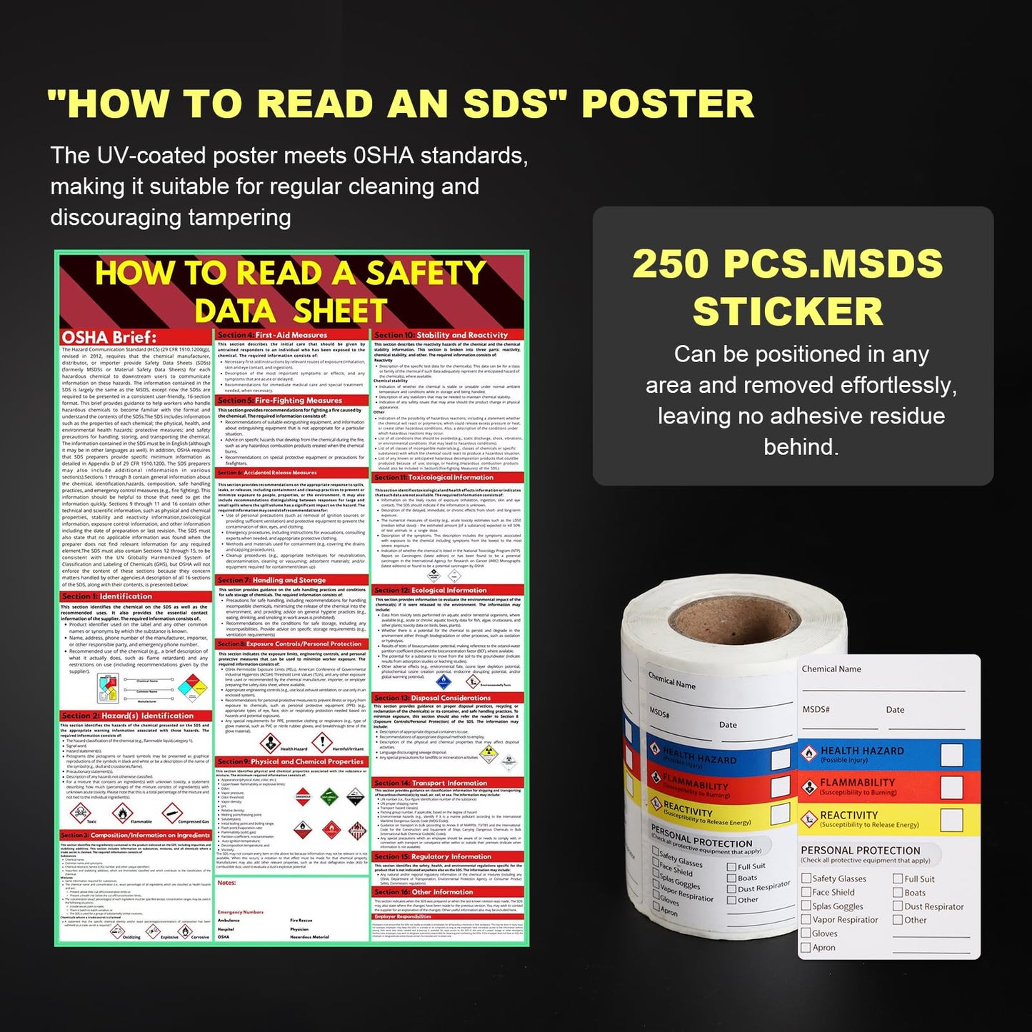 2 Pack MSDS SDS Binder and Wall Station,Yellow Heavy Duty 3 Inch Material Safety Data Sheet 3 Ring Binder with SDS Wire Rack and Display Sign,Chain,Safety Posters,MSDS Labels,Binder Wall Mount