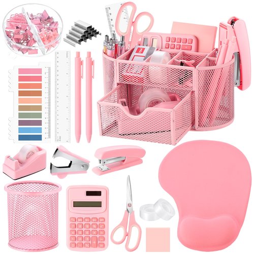 VAIPI 17 in 1 Pink Office Supplies Set Desk Organizers and Accessories with Mouse Pad, Calculator, Stapler, Tape Dispenser, Staples, Scissors, Pens, Sticky Notes, Page Markers for Office School Home