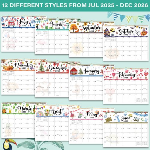 Calendar 2025-2026 - Wall Calendar 2025-2026, July 2025 - December 2026 Wall Calendar, 14.8'' x 11.6'', with Julian Dates, Hanging Hole, Thick Paper