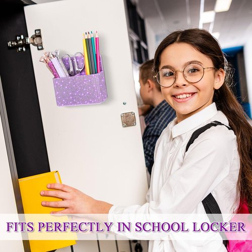 MotiMind Purple Bling Locker Accessories for Women Teen Girls Desk Organizer Magnetic Marker Holder for Whiteboard Office with Slots for Back to School Office Classroom(Medium, Rhinestone)